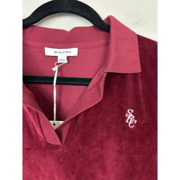 Sporty and Rich NWT Velour Longsleeve Polo Top Merlot Medium - Picture 7 of 12